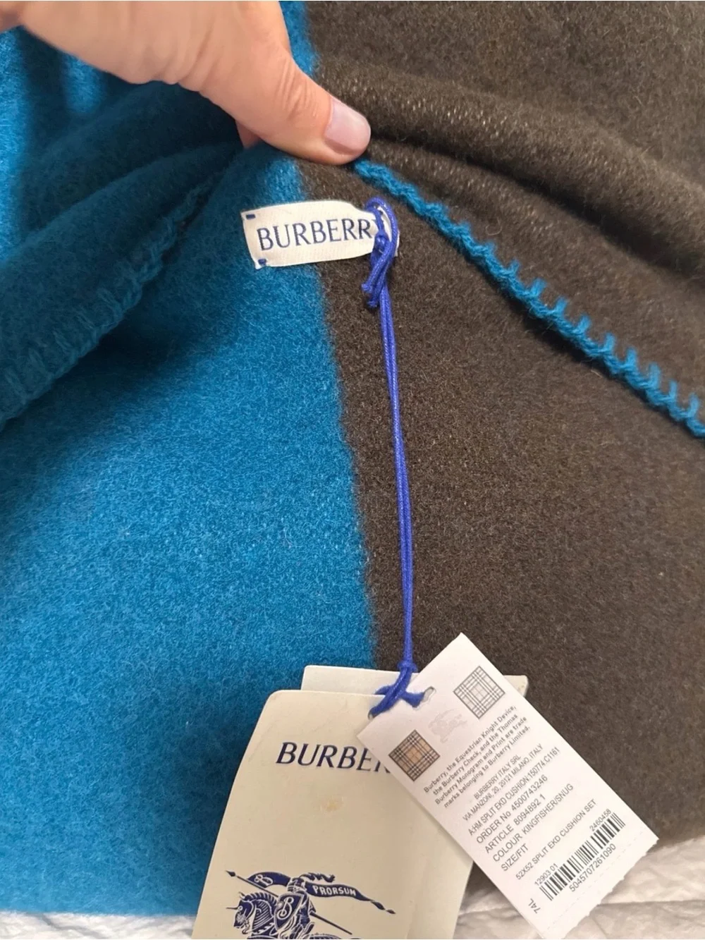 Burberry Teal Blue & Dark Brown Equestrian Wool Throw Pillow